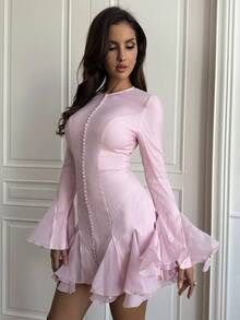 SHEIN BAE 女式优雅纯色圆领喇叭袖短款连衣裙 - 粉色 - 查看 5