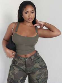 Alexandranx Débardeur côtelé femme avec boucle, style streetwear Y2K pour vacances à la plage, vert olive - Militaire verte - Voir 5