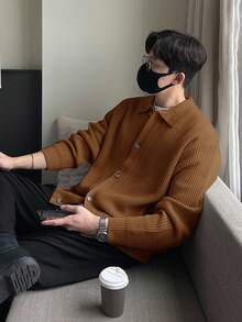 DAZY 男士纯色驼色休闲开衫，秋季商务着装 - 駝色 - 查看 4