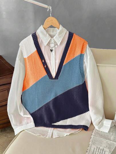 Franclia 大码女式 V 领撞色不对称宽松休闲百搭通勤分层针织背心，春秋季