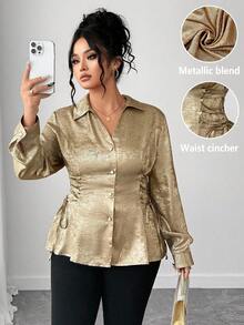 Elenzga 大码金箔领带袖口常规长袖女式衬衫，春秋 - 金色 - 查看 1