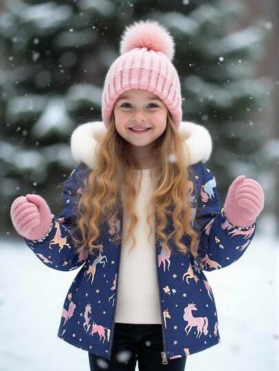 SHEIN Elladie kids 女童厚羊毛连帽夹克，人造毛领，修身款，拉链开合，适合秋冬季，4-7 岁