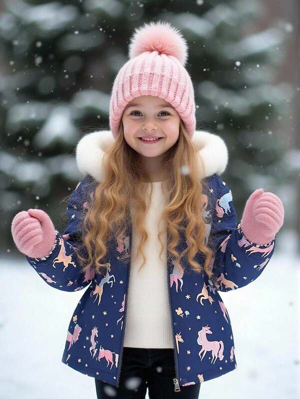 SHEIN Dziewczęca gruba polarowa kurtka z kapturem i kołnierzem ze sztucznego futra, dopasowana, zapinana na zamek błyskawiczny, odpowiednia na jesień/zimę, w wieku 4-7 lat