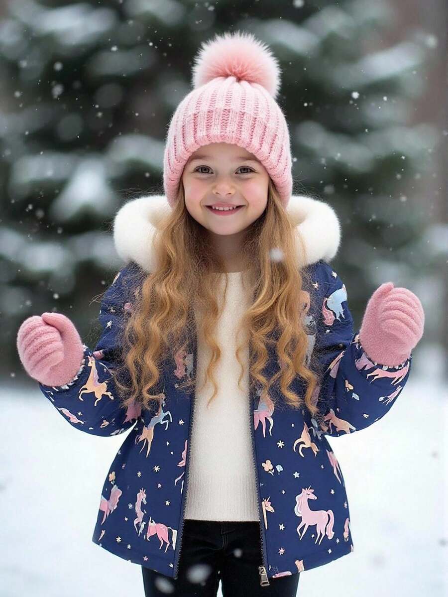 SHEIN Elladie kids 女童厚羊毛连帽夹克，人造毛领，修身款，拉链开合，适合秋冬季，4-7 岁 - 藏蓝色 - 查看 1