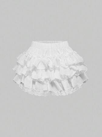 Kawaii Pantaloncini da donna con balze a strati e orlo arricciato, colore tinta unita, estivi