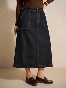 Elaquor Plus Size Dark Blue Denim Mini Skirt High Waist Midi Skirt Comfortable Elastic Waist With Pockets Autumn Casual Wear Western Skirt