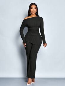 SOLERSUN Autumn And Winter Women's Clothing Casual Daily Commuting Brown Knitted Textured Fabric Long Sleeve Off-Shoulder Collar Gathered Side Slits Top Fit Sexy Flared Pants Suit Two Pieces Set