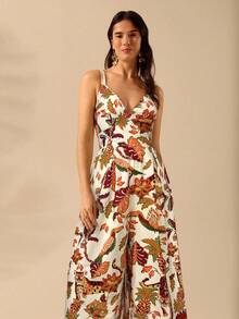 CAJUNI Women's Boho Leopard, Pineapple, Tropical Flora And Fauna Print, Sleeveless Black Long Jumpsuit, Holiday Casual Beach Summer Jumpsuit