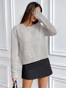 SHEIN Suéter de punto de cuello redondo de manga larga y unicolor de estilo casual - Gris Claro - Ver 4