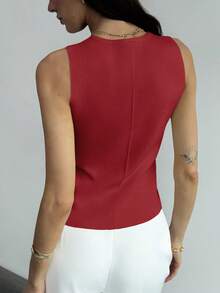 Aloruh Women's Solid Color Metal Single-Breasted V-Neck Casual Knit Vest, Autumn,Red Top,Christmas Knitted Vest, Suitable For Commuting And Office Wear, Simple And Casual, With Unique Metal Buckle. Summer Top - Red - View 3