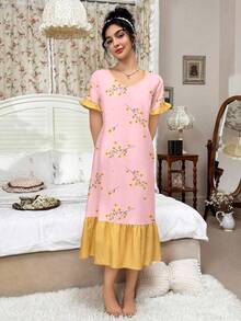 CottageSlumber Contrast Color Ruffle Trim Floral Print V-Neck Short Sleeve Nightgown - Pink - View 7