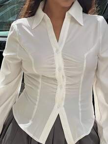 NegzBox White Pleated Front Long Sleeve Fitted Ladies Blouse,Business Casual Women,90s Outfit,Fall Clothing,Halloween Clothes,Business Casual Women,Back To School,Women Blouses,Going Out Tops,Long Sleeve Shirt,Work Women Blouses - White - View 3