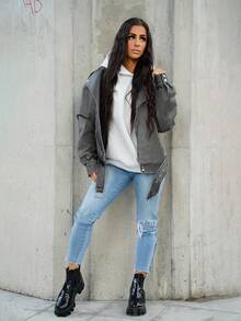 SAYEHFBABY Áo khoác xe máy cổ điển ve áo bằng da PU giặt - Màu xám đen - Xem 4