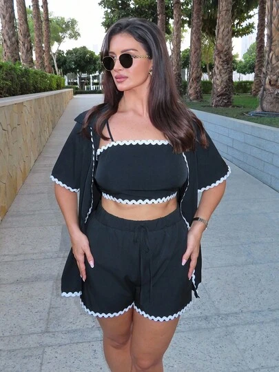 MDEdit 3 件女式波浪吊带上衣和短裤套装：短袖夹克、吊带背心和短裤