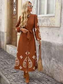 Brillora Vestido casual de mujer con estampado floral, manga farol, abotonadura sencilla y cinturón