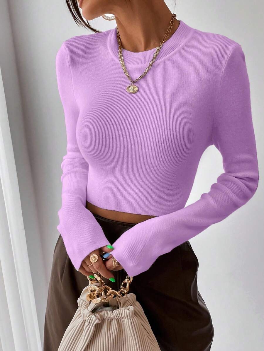 Rafferiza Casual Solid Color Fitted Cropped Sweater, Autumn - Mauve Purple - View 1