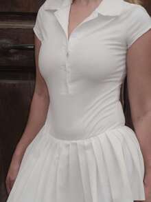 Turnttoni Women's Solid Color Short Sleeve Polo Collar Pleated Hem Dress Summer Dresses For Women