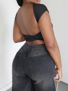 Alexandranx Top Preta com Costas Abertas, Adequada para Pequena, Verão - Preto - Visão 3