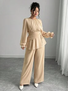 Elenzga Elegancki, francuski styl, bluzka z plisowanym wiązaniem i luźnymi spodniami w jednolitym kolorze, plus size, komplet 2 sztuk
