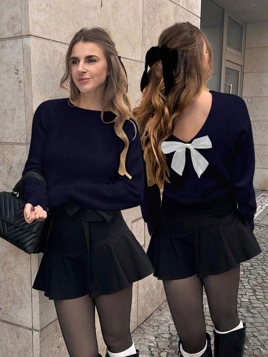 Pariaura Sweater Longgar Lengan Panjang Leher V dengan Pita untuk Wanita - Navy Blue - View 1