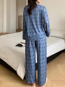 DAZY Floral Print Contrast Trim Women Pajama Set Fall Winter Clothes - Blue - View 2