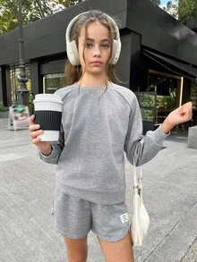 SHEIN 2 件 Tween 女童纯色针织运动衫和短裤休闲套装 - 淺灰色 - 查看 5