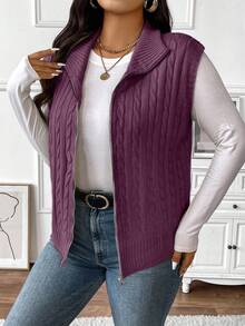 EMERY ROSE Áo vest dệt kim cổ tròn màu trơn cỡ lớn cho nữ, kiểu dáng đại học, có khóa kéo phía trước, thu/đông - Màu tím - Xem 2