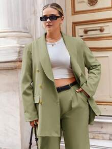 EURMUSE 大码两件套 - 纯色夹克和裤子，休闲/正装 - 軍綠色 - 查看 3