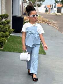 SHEIN 2pcs/Set Young Girl Knitted Colorblock Blouse And Woven Long Pants Set - Blue - View 10