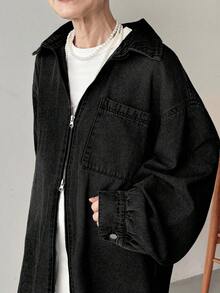 FRIFUL Women's Autumn Drop Shoulder Long Sleeve Zipper Front Casual Pocket Denim Jacket