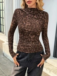 Pariaura French Style Long Sleeve Pleated Waist Leopard Print T-Shirt, Autumn/Winter - Brown - View 5