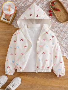 Sweetra Young Chaqueta con capucha forrada térmicamente con estampado de lazos de colores para niñas, alegre y linda, adecuada para salidas, uso diario, vuelta al colegio, otoño/invierno - Blanco - Ver 1
