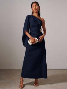 COSMINA 女士优雅金属扣不对称连衣裙 - 藍色 - 查看 3