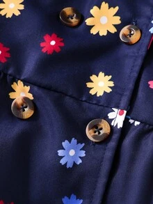 SHEIN Young Girls Floral Lined Hooded Double-Breasted Fashion Navy Blue Jacket, Suitable For Casual Daily Wear - Navy Blue - View 3