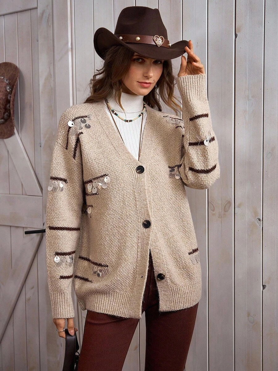 LanaWest Women's Western Style Casual Button & Sequin Embellished Cardigan - Khaki - View 1