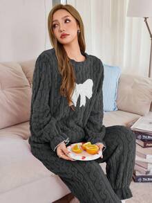 SHEIN 女士蝴蝶结刺绣抓绒拼接蝴蝶结装饰长袖上衣和裤子睡衣套装，舒适冬装，蓬松柔软 - 灰色 - 查看 3