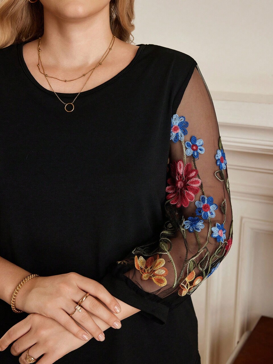 Plus Size Women Country Retro Floral Embroidery Mesh Splice Vacation Tops,Summer For Women Fall