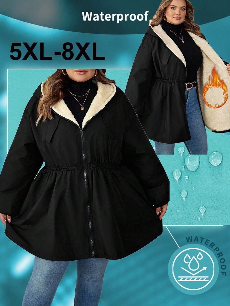SHEIN CURVE+ Plus Size Women's Cinched Waist Thermal Lined Hooded Jacket, Women's Autumn/Winter Coat - Black - View 1