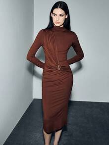 Lumivelle Women's Ruched Fitted Metal Decor Long Sleeve Elegant Maxi Dress, Suitable For Commuting And Layering In Autumn/Winter