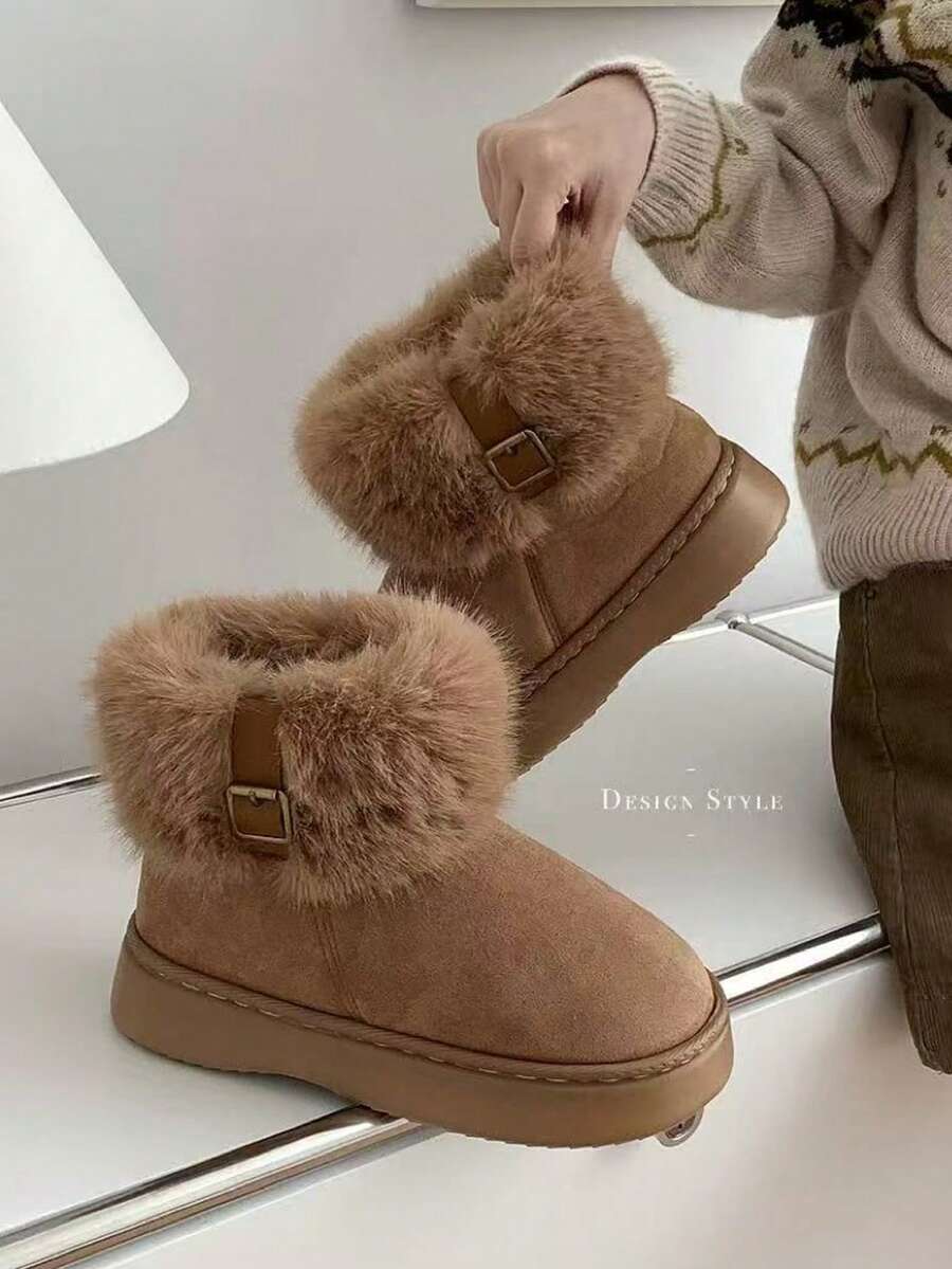 Zapatillas de algodón cómodas y antideslizantes con suela de 4 cm, otoño e invierno 2025, nuevas zapatillas de piel cálidas con suela gruesa para mujer - Marrón - Ver 1