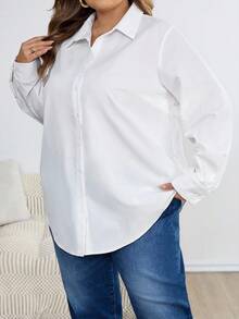 SHEIN CURVE+ Áo sơ mi công sở màu trắng dáng rộng cỡ lớn, thích hợp cho mùa xuân/hè 2025, kiểu dáng Ins, phù hợp cho mùa hè/đồng quê/kỳ nghỉ biển/trang phục đi biển/mùa thu/mùa đông. - trắng - Xem 6