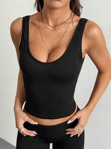 DAZY 女士修身无袖带垫运动背心，短款设计，可作内搭或外套，保暖内衬，冬季款 - 黑色 - 查看 5