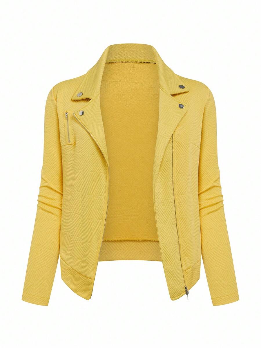 SHEIN LUNE Women's Casual Textured Fabric Zip-Up Lapel Motorcycle Jacket - Yellow - View 1