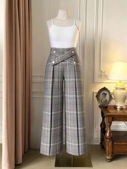 DreamSkyne 大码女式优雅通勤阔腿裤，厚格纹粗花呢