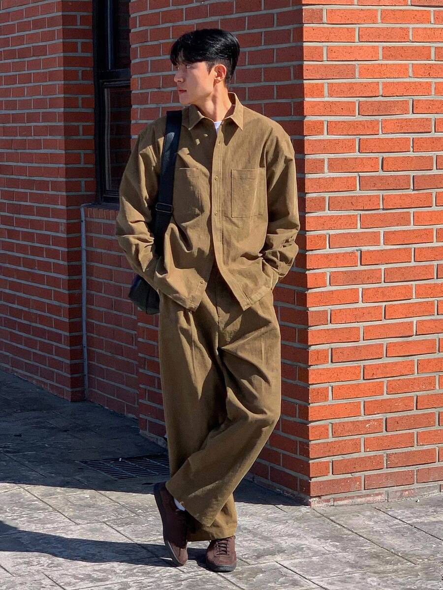 DAZY 男士纯色灯芯绒休闲西装外套,通勤风格,秋季 - 卡其色 - 查看 1