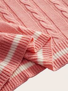 SHEIN LUNE 女士休闲V领撞色麻花针织毛衣，秋冬 - 藕粉色 - 查看 6