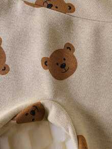 SHEIN 3 件套新生儿熊印花长袖上衣、连脚裤和帽子套装，秋冬家居服 - 摩卡棕 - 查看 7