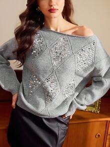 Vintamour Women's Rhombus Sequin Crew Neck Casual Sweater Winter Clothes For Women New Year Women's Clothes Sequin Top Sequin Sweater Sparkly Top Sparkly Sweater