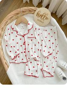 Baby Girl Cute Casual Versatile Knit Polka Dot & Heart Pattern Long Sleeve Pajama Set - White - View 5