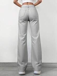 Cottnline Solid Color Straight-Leg Jeans - Light Grey - View 2
